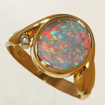 CUSTOM MADE 18k Yellow Gold Ring with a diamond and a SOLID SEMI BLACK OPAL Floral Harlequin pattern, bright and sparkly SEE VIDEO
